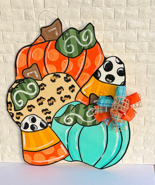 Cute Fall Door Hanger With Pumpkins and Candy Corn